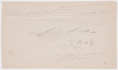 Tekening, Uitzicht over de heuvels en vlakte naar de bergen, Vallei van El Yemen, februari 1868 door Frederic Edwin Church