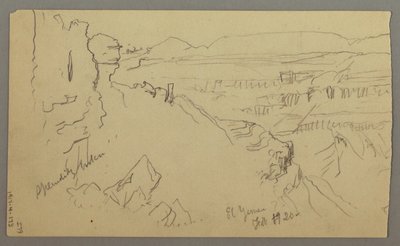 Tekening, Uitzicht over de heuvels en vlakte naar de bergen, Vallei van El Yemen, februari 1868 door Frederic Edwin Church