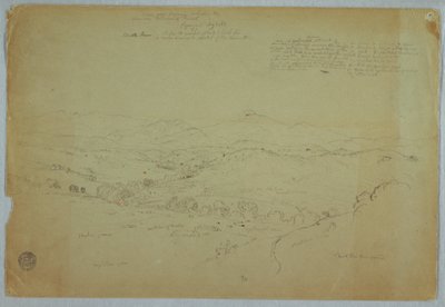 Tekening, Uitzicht bij Popayan inclusief vulkaan Mount Purese, Cauca-rivier, Colombia, 8 augustus 1853 door Frederic Edwin Church