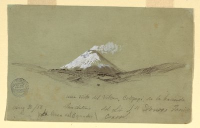 Tekening, Uitzicht op de Cotapaxi vanaf de Hacienda San Antonio, Ecuador, 30 augustus 1853 door Frederic Edwin Church