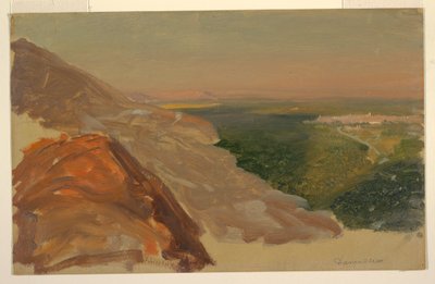 Tekening, Gezicht op een vlakte met Damascus, Syrië, vanaf de bergen, mei 1868 door Frederic Edwin Church
