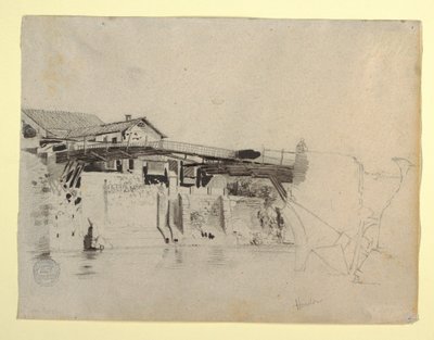 Tekening, Gezicht op de brug en huizen in Honda, Colombia, 1853 door Frederic Edwin Church