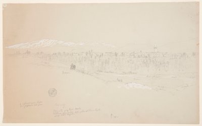 Tekening, Dorp Kuseiyeh, de berg Libanon in de verte, mei 1868 door Frederic Edwin Church
