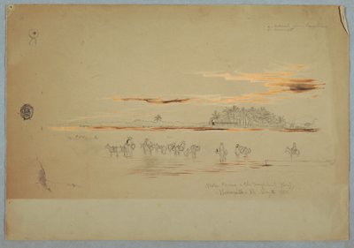 Tekening, Waterdragers op de Magdalena (Baai), Barranquilla, Republiek Nueva Grenada, nu Colombia, 2 mei 1853 door Frederic Edwin Church