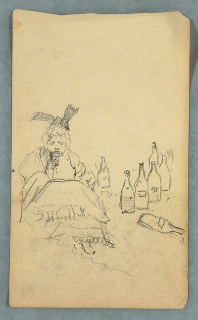 Tekening, Drinkende vrouw, wijnflessen, recto; boodschappenlijst voor Mount Katahdin Climb, verso, herfst 1878 door Frederic Edwin Church
