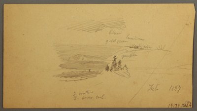 Tekening, beboste heuveltop, heuvelachtige vallei, zon, januari 1866 door Frederic Edwin Church