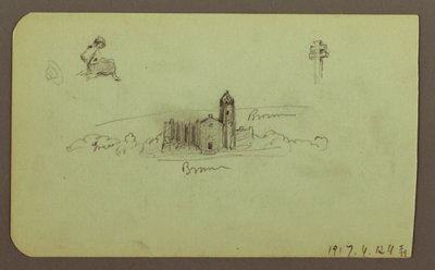 Tekening, heuvels, kerk, brug; Verso: figuur, kruis, kerk, 1883 door Frederic Edwin Church