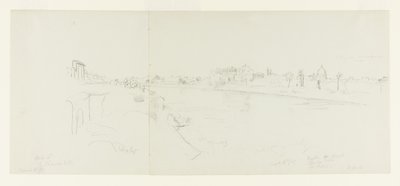 Landschapsgezicht op Rome vanaf de oevers van de Tiber, met verre uitzichten op het kasteel Sant Angelo, de villa van Claude en de Sint-Pietersbasiliek, deel 1 door Frederic Edwin Church