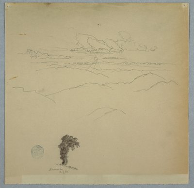 Bergachtig landschap met ondergaande zon en een boom, Jamaica, juli 1865 door Frederic Edwin Church