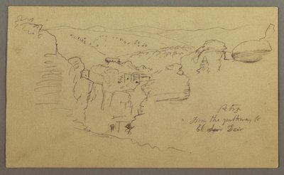Schets. Uitzicht op Khirbet en Wasara "Petra / vanaf het pad naar / El Deir" door Frederic Edwin Church