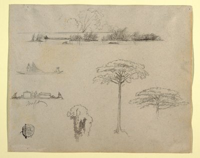 Schetsen uit Colombia: Rivierlandschap, Mannen op Vlotten, en Bomen door Frederic Edwin Church
