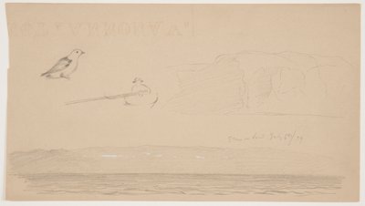 Schetsen uit Labrador van sneeuw op land, man in boot en vogel door Frederic Edwin Church