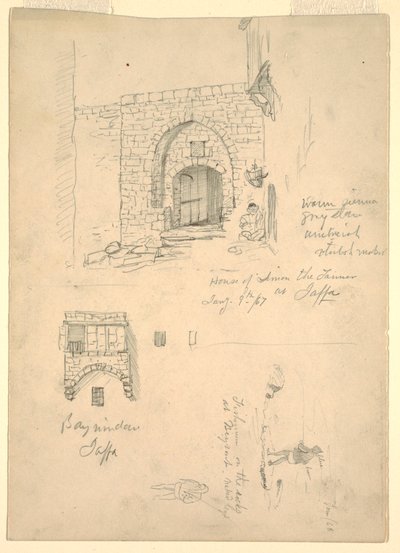 Schetsen van het huis van Semon de leerlooier, Jaffa, Palestina [Tel-Aviv, Israël] en vissers op de rotsen bij Beiroet, Syrië [Beiroet, Libanon] door Frederic Edwin Church