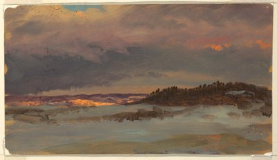 Winterlandschap met blauwe heuvel bij zonsondergang, Hudson, New York door Frederic Edwin Church