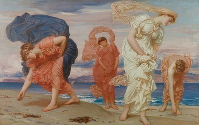 Griekse meisjes die kiezels verzamelen op het strand door Frederic Leighton