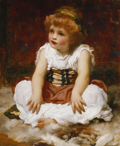 Portret van een meisje zittend op een tapijt door Frederic Leighton