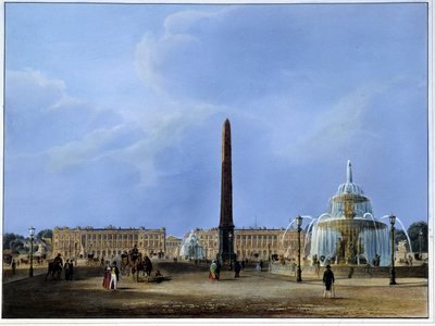 Zicht op de Luxor Obelisk en de fonteinen, Place de la Concorde - in "Paris 1832" door Martens. Uitgegeven door Weith en Hauser. door Frederic Martens
