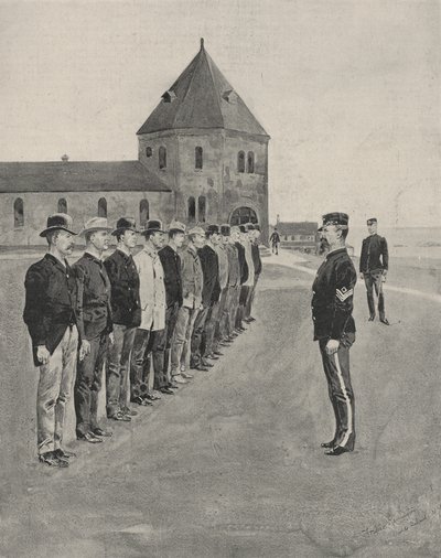 Een Eerste Les in de Kunst van de Oorlog. Rekruten voor de Twee Extra Artillerieregimenten op Fort Slocum, Davids Island, Long Island Sound door Frederic Remington