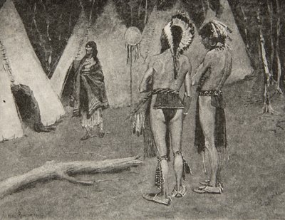 En haar minnaars, de afgewezen,... Knappe mannen met verf en veren, uit The Song of Hiawatha door Henry Wadsworth Longfellow, gepubliceerd door George G. Harrap und Company Ltd., 1911 door Frederic Remington