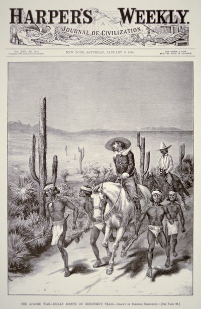 Apache Verkenners leiden legerpatrouille op jacht naar Geronimo (1829-1909) uit 