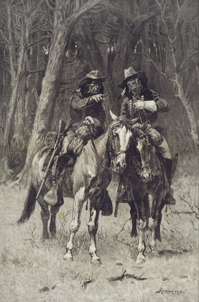 Cheyenne-verkenners patrouilleren in het grote bos van de North Canadian, Oklahoma door Frederic Remington