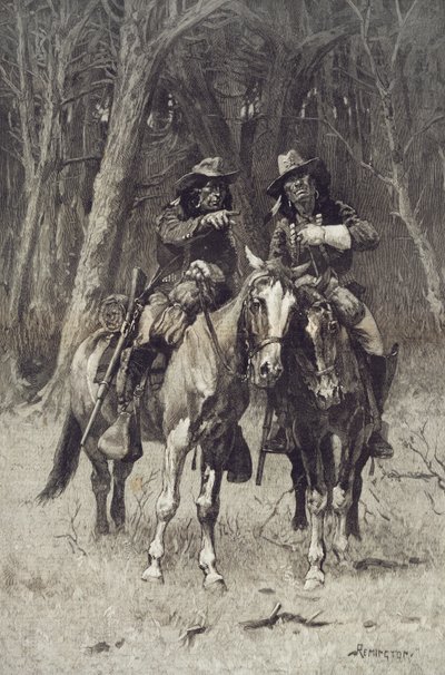 Cheyenne verkenners patrouilleren in het grote bos van de Noord-Canadees, Oklahoma, 6 april door Frederic Remington