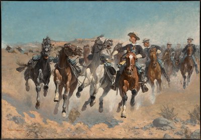 Afgestegen: de soldaten van het vierde regiment verplaatsen de aan de hand geleide paarden door Frederic Remington