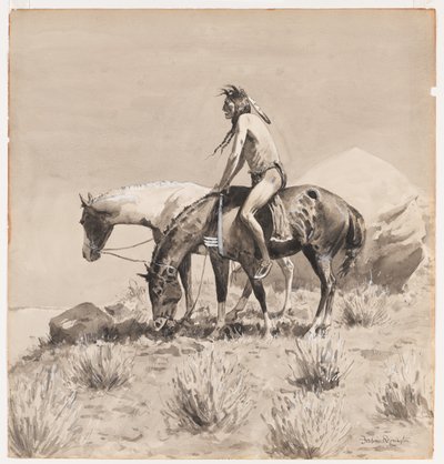 Voor lange tijd stond hij, een ontwerp voor The Way of an Indian, waarschijnlijk 1900 (inktwas en dekkend wit op papier) door Frederic Remington