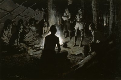 Franse ontdekkingsreizigers raad met de indianen (bij het Iroquois-raadsvuur) ca. 1901 door Frederic Remington