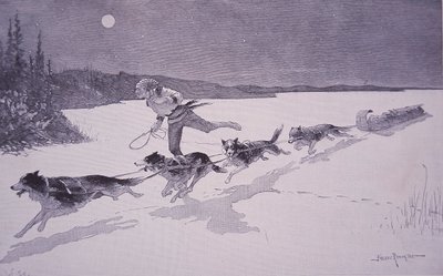 Franse pelsjager in Canada met huskyhonden op bevroren meer door Frederic Remington