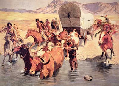 Indianen vallen een pionierskaravaan aan door Frederic Remington