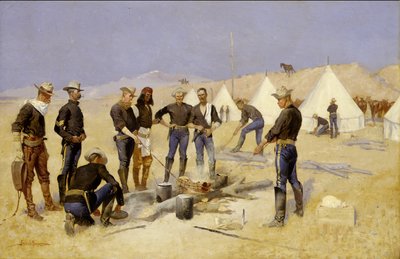 Het roosteren van het kerstvlees in een cavaleriekamp, ca. 1892 door Frederic Remington