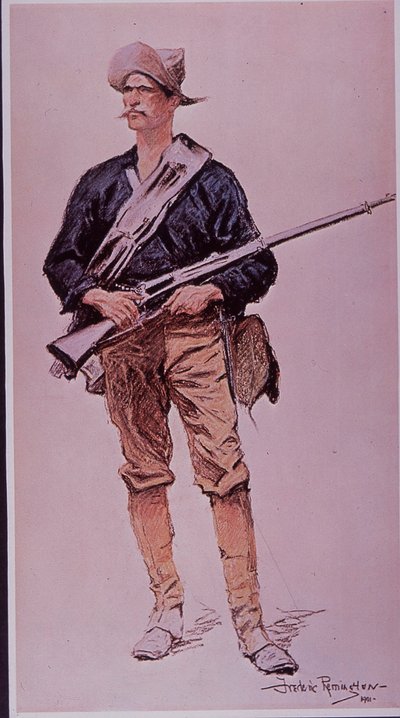 Spaans-Amerikaanse Oorlog 1898, Amerikaanse infanterist bewapend met Krag-Jorgensen magazijngeweer door Frederic Remington