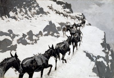 De muilezelkaravaan (een erts-trein die de zilvermijnen van Colorado binnenrijdt) 1901 door Frederic Remington
