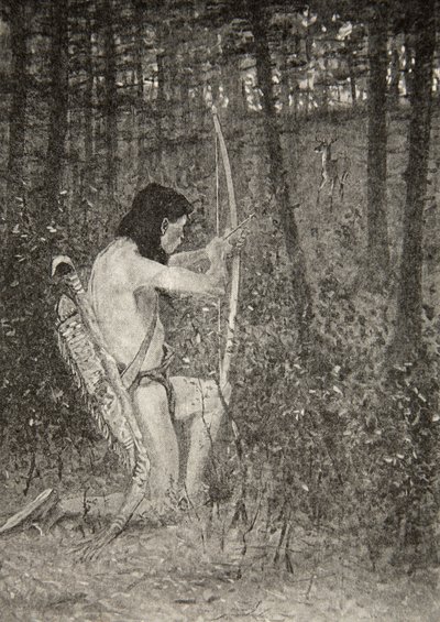 Toen, op één knie opstaand, richtte Hiawatha een pijl, uit The Song of Hiawatha door Henry Wadsworth Longfellow, uitgegeven door George G. Harrap en Company Ltd., 1911 door Frederic Remington