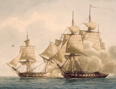 Gevecht tussen Franse fregat Amazone en Britse fregat Santa Marguerita in Chesapeake Bay, 29 juli door Frederic Roux