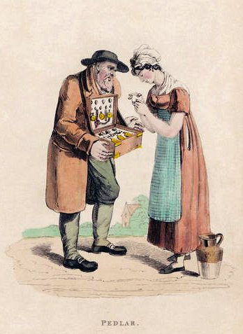 De marskramer uit Ackermanns World in Miniature, 1820s door Frederic Shoberl
