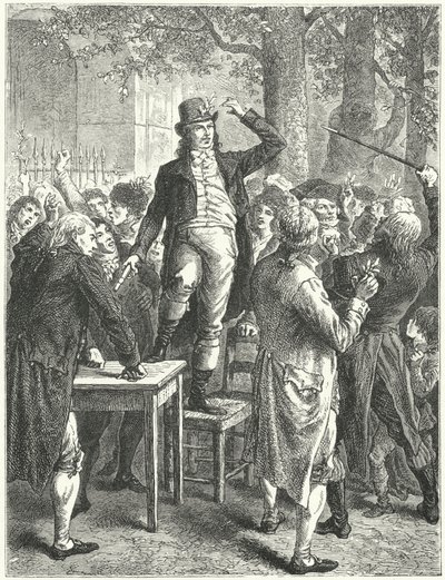 Toespraak van Camille Desmoulins in de tuin van het Palais Royal, Parijs door Frederic Theodore (after) Lix