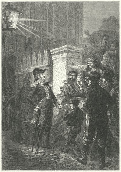 Generaal Daumesnil confronteert de Parijse menigte buiten het Kasteel van Vincennes tijdens de Franse Revolutie van 1830 (gravure) door Frederic Theodore (after) Lix