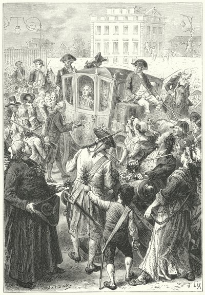 Lodewijk XVI naar Parijs gebracht nadat de menigte het Paleis van Versailles aanviel door Frederic Theodore (after) Lix