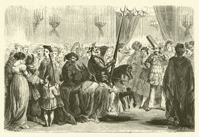 Gemaskerd bal van de Grande Monde: entree van Don Quichot (gravure) door Frederic Theodore (after) Lix