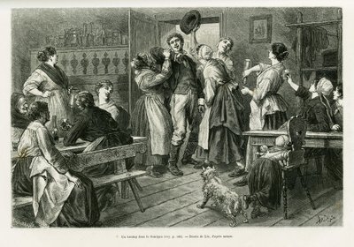 Een hirtztag, een soort carnaval waar alles is toegestaan voor vrouwen, in de Sundgau. Gravure door Lix ter illustratie van het verhaal Door de Elzas en Lotharingen, door Charles Grad, Duitse afgevaardigde, in 1885, in de tour du monde 1886, onder leiding  door Frederic Theodore Lix