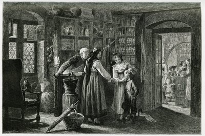 Bij de apotheker van het dorp Kaysersberg (of Kaisersberg, Elzas), een spoedconsultatie. Gravure door F. Lix, ter illustratie van het verhaal 