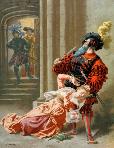 Blauwbaard probeert zijn vrouw te doden, c.1890 (illustratie) door Frederic Theodore Lix