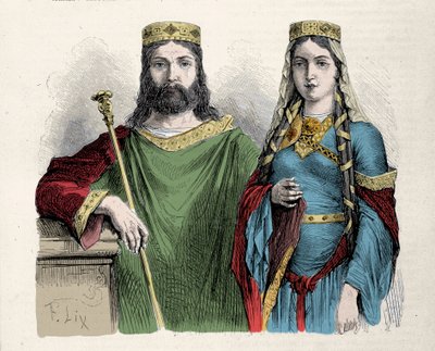 Clovis (481-511) koning van de Franken met zijn tweede vrouw Sint Clotilde (Clothilde) koningin. Gravure door Lix. door Frederic Theodore Lix