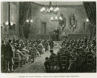 Conferentie voor de arbeiders van de Dollfus Mieg-werkplaatsen, in Dornach. Gravure door Lix ter illustratie van het verhaal 