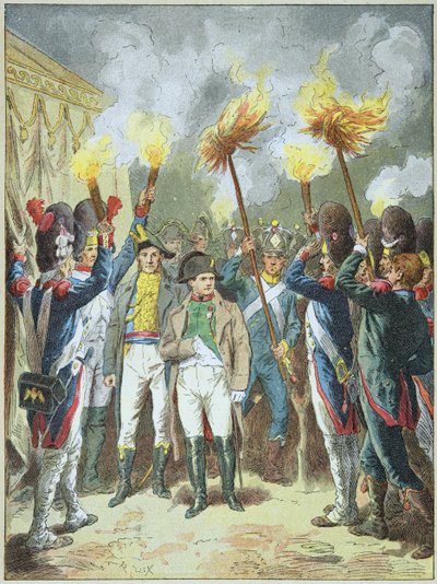 Keizer Napoleon I toegejuicht door zijn soldaten aan de vooravond van de Slag bij Austerlitz in 1805 door Frederic Theodore Lix