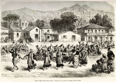 Volksdans op het dorpsplein Haggia Anna (St. Anne). Gravure naar de tekening van Lix, ter illustratie van de reis in Griekenland, door Henri Belle, in 1861-1868-1874, gepubliceerd in 