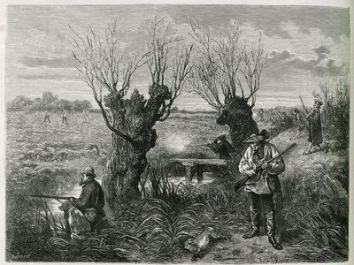 Jacht op haas. Gravure door F. Lix, ter illustratie van het verhaal "Door Elzas en Lotharingen", in 1884, door Charles Grad door Frederic Theodore Lix