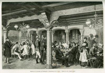 Interieur van de Tiefenkeller taverne in Straatsburg. Gravure door Lix, ter illustratie van het verhaal Door de Elzas en Lotharingen, in 1887, door Charles Grad, Duitse afgevaardigde, in de tour du monde 1888, onder leiding van Edouard Charton (1807-1890), door Frederic Theodore Lix